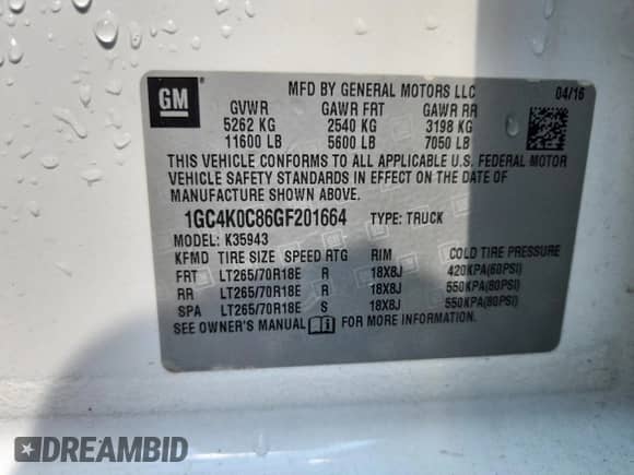 2016 Chevrolet Silverado 3500HD LTZ with VIN 1GC4K0C86GF201664, listed as a Copart auction lot 69379545 with Not provided miles and Salvage title. Bid and sale history available at DreamBid. Image 12.