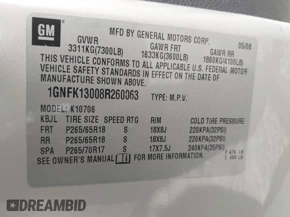 2008 Chevrolet Tahoe 3LT with VIN 1GNFK13008R260063, listed as a IAAI auction lot 41865118 with 218,009 mi miles and . Bid and sale history available at DreamBid. Image 9.