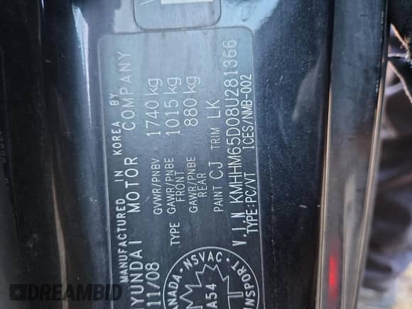 2008 Hyundai Tiburon GS with VIN KMHHM65D08U281366, listed as a Copart auction lot 80868694 with 283,883 mi miles and Salvage title. Bid and sale history available at DreamBid. Image 12.