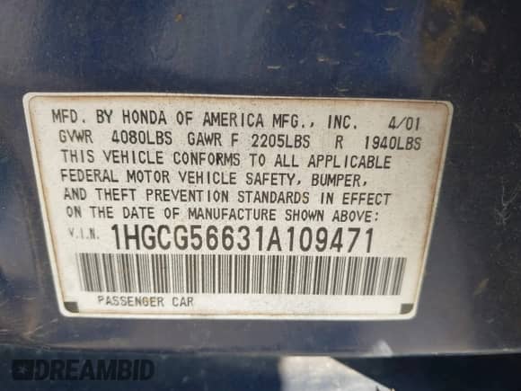 2001 Honda Accord EX with VIN 1HGCG56631A109471, listed as a IAAI auction lot 43326921 with 342,415 mi miles and . Bid and sale history available at DreamBid. Image 9.