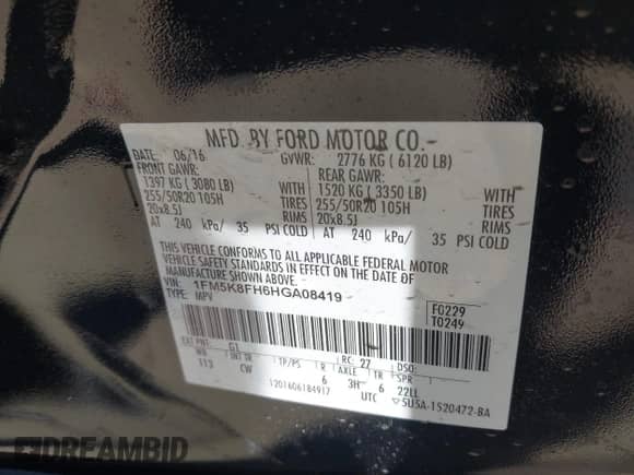 2017 Ford Explorer Limited z VIN 1FM5K8FH6HGA08419, wystawiony jako IAAI lot #43095817 z przebiegiem 79 398 mil mil oraz . Historia ofert i sprzedaży dostępna na DreamBid. Obrazek 9.