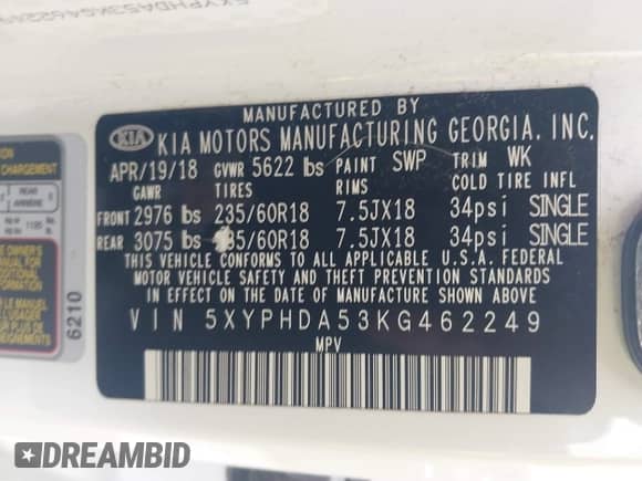 2019 Kia Sorento EX with VIN 5XYPHDA53KG462249, listed as a IAAI auction lot 42367289 with 74,439 mi miles and . Bid and sale history available at DreamBid. Image 9.