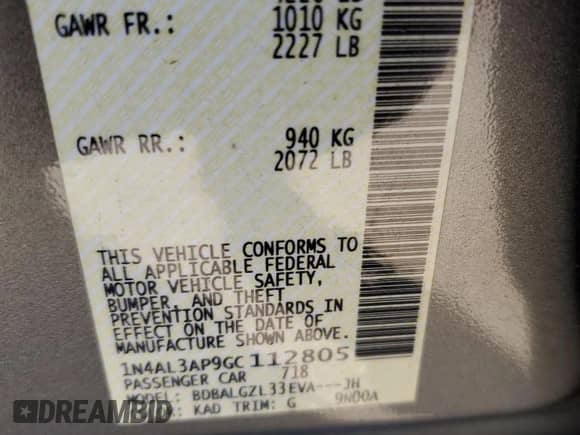 2016 Nissan Altima S with VIN 1N4AL3AP9GC112805, listed as a Copart auction lot 82545355 with 130,050 mi miles and Salvage title. Bid and sale history available at DreamBid. Image 13.