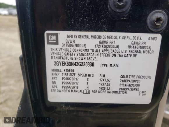 2003 Cadillac Escalade EXT with VIN 3GYEK63N43G220830, listed as a Copart auction lot 60291365 with Not provided miles and Salvage title. Bid and sale history available at DreamBid. Image 12.