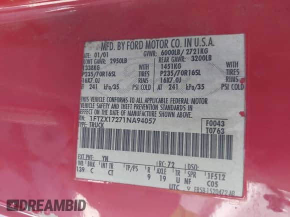 2001 Ford F-150 XL z VIN 1FTZX17271NA94057, wystawiony jako IAAI lot #42687810 z przebiegiem Nie podano mil oraz . Historia ofert i sprzedaży dostępna na DreamBid. Obrazek 9.