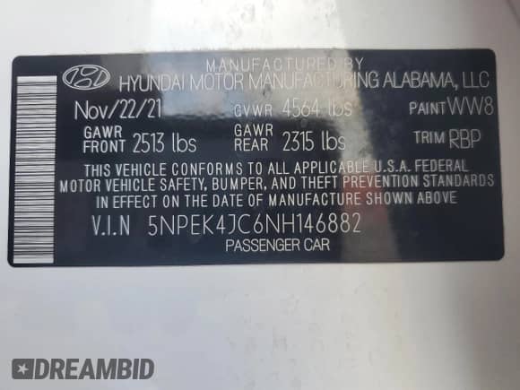 2022 Hyundai Sonata N Line с VIN 5NPEK4JC6NH146882, выставлен на аукционе Copart как лот 84705045 с пробегом 45 792 миль миль и На запчасти • Non repairable. История ставок и продаж доступна на DreamBid. Изображение 13.