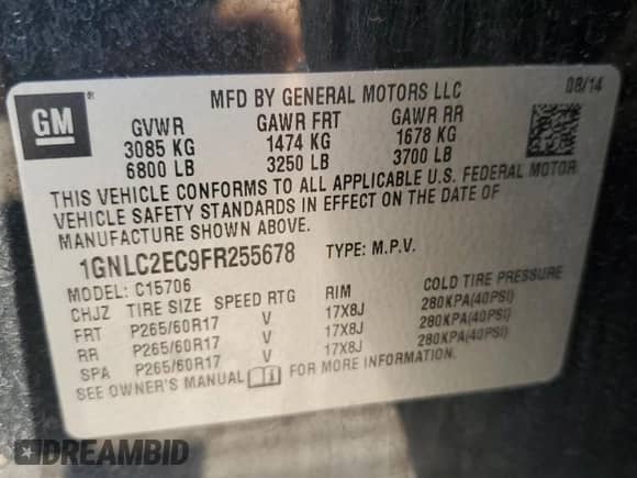 2015 Chevrolet Tahoe Commercial with VIN 1GNLC2EC9FR255678, listed as a Copart auction lot 80341485 with 128,393 mi miles and Salvage title. Bid and sale history available at DreamBid. Image 14.