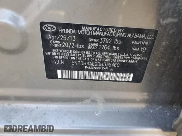 2013 Hyundai Elantra GLS with VIN 5NPDH4AE2DH335460, listed as a Copart auction lot 85127435 with 76,018 mi miles and Salvage title. Bid and sale history available at DreamBid. Image 12.