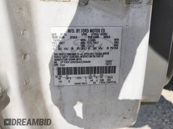 2006 Ford F-150 STX with VIN 1FTRX12WX6KC39448, listed as a Copart auction lot 84005345 with 166,385 mi miles and Clean title. Bid and sale history available at DreamBid. Image 12.