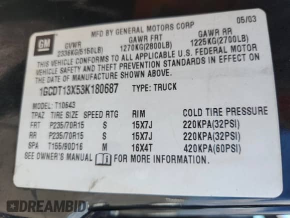2003 Chevrolet S-10 LS with VIN 1GCDT13X53K180687, listed as a Copart auction lot 89549505 with 142,593 mi miles and Salvage title. Bid and sale history available at DreamBid. Image 12.