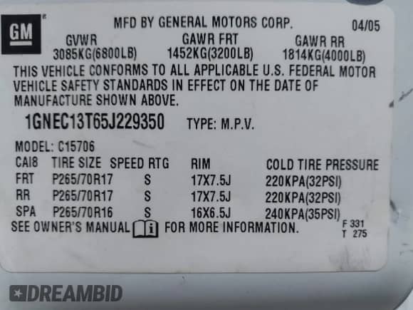 2005 Chevrolet Tahoe LT z VIN 1GNEC13T65J229350, wystawiony jako IAAI lot #42532336 z przebiegiem 244 869 mil mil oraz . Historia ofert i sprzedaży dostępna na DreamBid. Obrazek 9.