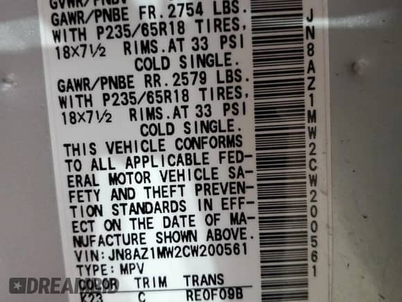 2012 Nissan Murano SL with VIN JN8AZ1MW2CW200561, listed as a Copart auction lot 81383535 with 93,000 mi miles and Salvage title. Bid and sale history available at DreamBid. Image 13.