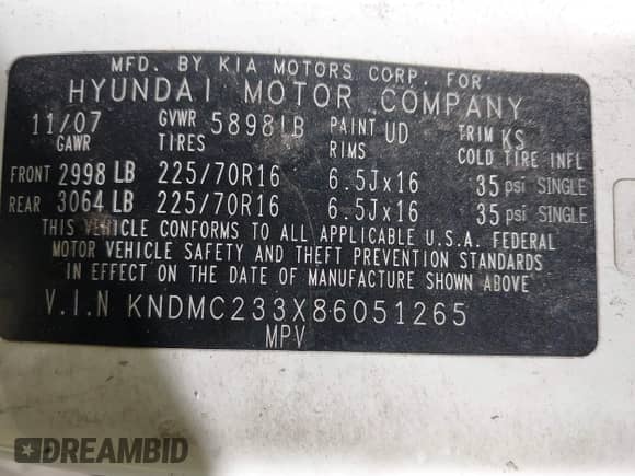 2008 Hyundai Entourage GLS с VIN KNDMC233X86051265, выставлен на аукционе IAAI как лот 42683479 с пробегом 255 244 миль миль и . История ставок и продаж доступна на DreamBid. Изображение 9.