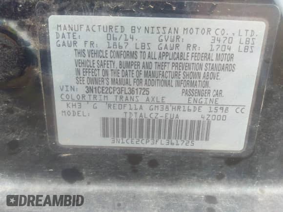 2015 Nissan Note S with VIN 3N1CE2CP3FL361725, listed as a IAAI auction lot 37444827 with 97,772 mi miles and . Bid and sale history available at DreamBid. Image 9.