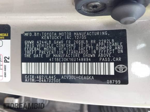 2006 Toyota Camry STD с VIN 4T1BE30K16U148894, выставлен на аукционе IAAI как лот 40436604 с пробегом 202 481 миль миль и . История ставок и продаж доступна на DreamBid. Изображение 9.