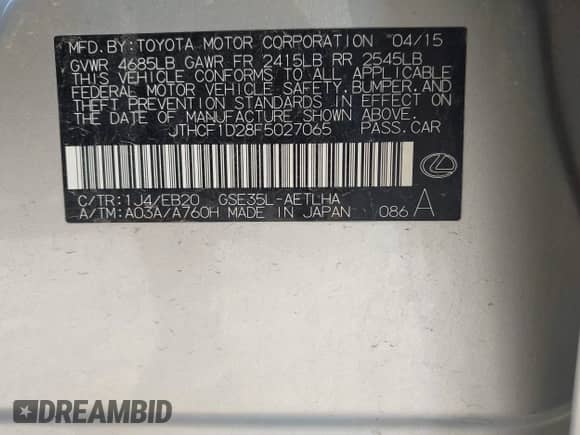 2015 Lexus IS 250 z VIN JTHCF1D28F5027065, wystawiony jako IAAI lot #42870198 z przebiegiem 112 020 mil mil oraz . Historia ofert i sprzedaży dostępna na DreamBid. Obrazek 9.