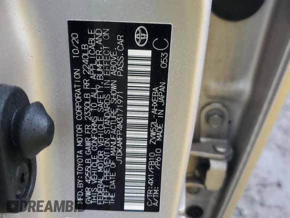 2021 Toyota Prius LE with VIN JTDKAMFP4M3171971, listed as a Copart auction lot 81032285 with 47,413 mi miles and Salvage title. Bid and sale history available at DreamBid. Image 13.