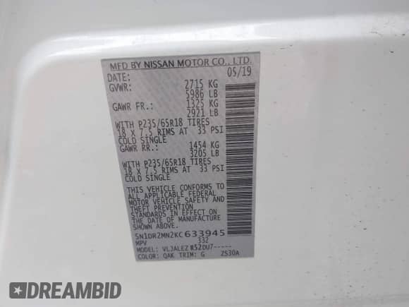 2019 Nissan Pathfinder S z VIN 5N1DR2MN2KC633945, wystawiony jako IAAI lot #41757390 z przebiegiem 120 214 mil mil oraz . Historia ofert i sprzedaży dostępna na DreamBid. Obrazek 9.