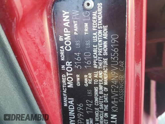 1997 Hyundai Accent GL z VIN KMHVF24N9VU356190, wystawiony jako Copart lot #85610774 z przebiegiem 91 707 mil mil oraz Czysty tytuł • Clean title. Historia ofert i sprzedaży dostępna na DreamBid. Obrazek 12.