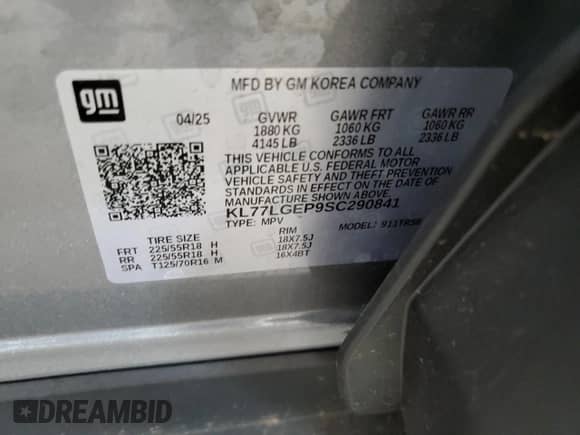 2025 Chevrolet Trax 1RS с VIN KL77LGEP9SC290841, выставлен на аукционе Copart как лот 70334705 с пробегом 951 миль миль и Чистый • Clean title. История ставок и продаж доступна на DreamBid. Изображение 12.