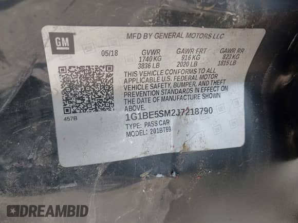 2018 Chevrolet Cruze LT с VIN 1G1BE5SM2J7218790, выставлен на аукционе IAAI как лот 42688408 с пробегом 133 863 миль миль и . История ставок и продаж доступна на DreamBid. Изображение 9.