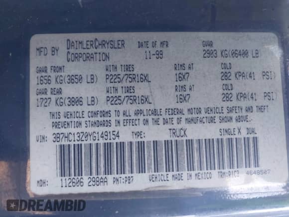 2000 Dodge 1500 с VIN 3B7HC13Z0YG149154, выставлен на аукционе IAAI как лот 43545699 с пробегом 137 490 миль миль и . История ставок и продаж доступна на DreamBid. Изображение 9.