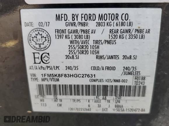 2017 Ford Explorer Limited z VIN 1FM5K8F83HGC27631, wystawiony jako Copart lot #59594245 z przebiegiem 110 064 mil mil oraz Czysty tytuł • Clean title. Historia ofert i sprzedaży dostępna na DreamBid. Obrazek 13.