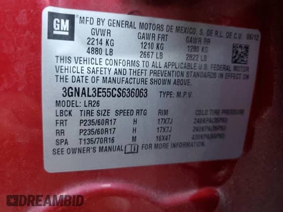 2012 Chevrolet Captiva Sport LT с VIN 3GNAL3E55CS636063, выставлен на аукционе Copart как лот 76069454 с пробегом 124 568 миль миль и Списание • Salvage title. История ставок и продаж доступна на DreamBid. Изображение 14.