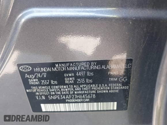 2018 Hyundai Sonata SEL with VIN 5NPE34AF2JH645678, listed as a IAAI auction lot 42823420 with 37,172 mi miles and . Bid and sale history available at DreamBid. Image 9.