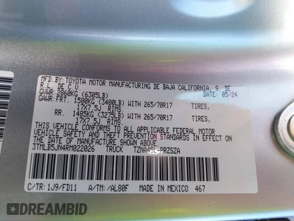 2024 Toyota Tacoma SR5 with VIN 3TMLB5JN4RM022026, listed as a IAAI auction lot 41409069 with 20,354 mi miles and . Bid and sale history available at DreamBid. Image 9.