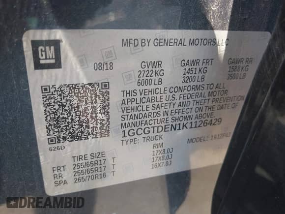 2019 Chevrolet Colorado 4WD Z71 с VIN 1GCGTDEN1K1126429, выставлен на аукционе IAAI как лот 43019766 с пробегом 180 820 миль миль и . История ставок и продаж доступна на DreamBid. Изображение 9.