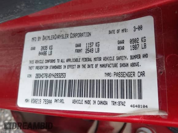 2000 Dodge Intrepid z VIN 2B3HD76V6YH293253, wystawiony jako IAAI lot #42402687 z przebiegiem 159 711 mil mil oraz . Historia ofert i sprzedaży dostępna na DreamBid. Obrazek 9.