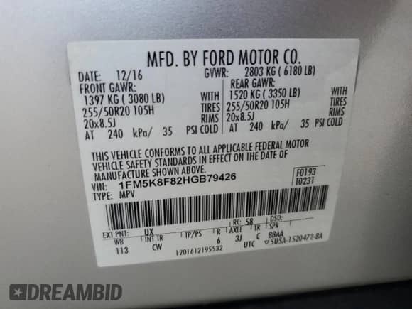 2017 Ford Explorer Limited z VIN 1FM5K8F82HGB79426, wystawiony jako Copart lot #80541495 z przebiegiem 87 021 mil mil oraz Szkoda całkowita • Salvage title. Historia ofert i sprzedaży dostępna na DreamBid. Obrazek 14.