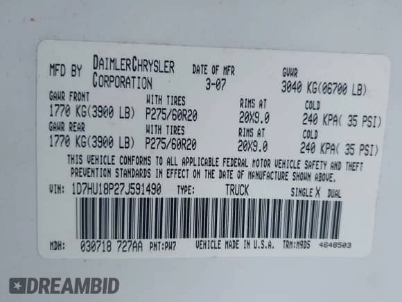 2007 Dodge 1500 SLT with VIN 1D7HU18P27J591490, listed as a IAAI auction lot 42698179 with 123,740 mi miles and . Bid and sale history available at DreamBid. Image 9.