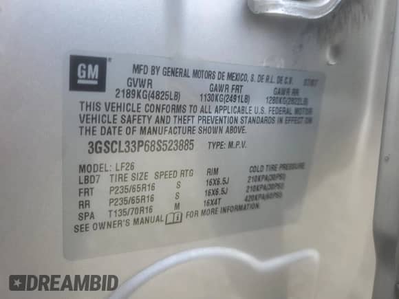 2008 Saturn VUE XE с VIN 3GSCL33P68S523885, выставлен на аукционе Copart как лот 82106125 с пробегом 168 092 миль миль и Списание • Salvage title. История ставок и продаж доступна на DreamBid. Изображение 13.