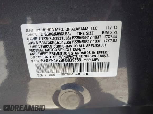 2015 Honda Pilot LX с VIN 5FNYF4H29FB039355, выставлен на аукционе IAAI как лот 43392560 с пробегом 128 890 миль миль и . История ставок и продаж доступна на DreamBid. Изображение 9.