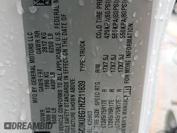 2017 Chevrolet Silverado 2500HD Work Truck with VIN 1GC0KUEG7HZ211839, listed as a Copart auction lot 61841855 with 125,475 mi miles and Salvage title. Bid and sale history available at DreamBid. Image 12.