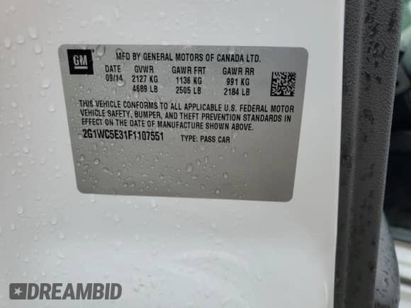 2015 Chevrolet Impala LTZ with VIN 2G1WC5E31F1107551, listed as a Copart auction lot 68236714 with 114,993 mi miles and Salvage title. Bid and sale history available at DreamBid. Image 14.
