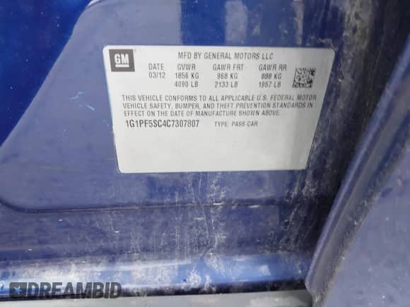 2012 Chevrolet Cruze 1LT z VIN 1G1PF5SC4C7307807, wystawiony jako IAAI lot #43452141 z przebiegiem 147 559 mil mil oraz . Historia ofert i sprzedaży dostępna na DreamBid. Obrazek 9.