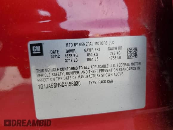 2012 Chevrolet Sonic LS z VIN 1G1JA5SH9C4156030, wystawiony jako Copart lot #70738845 z przebiegiem 163 076 mil mil oraz Szkoda całkowita • Salvage title. Historia ofert i sprzedaży dostępna na DreamBid. Obrazek 12.
