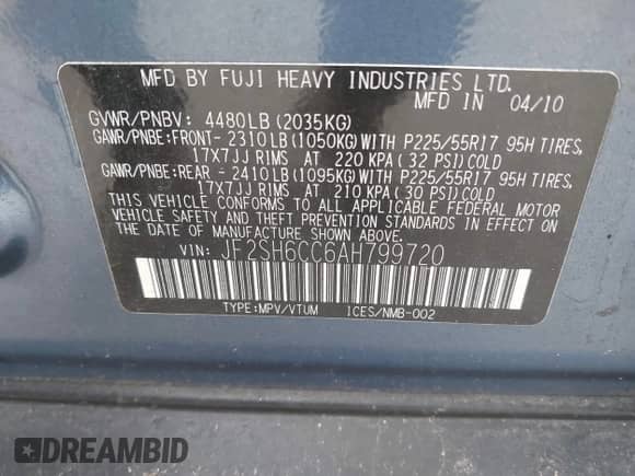 2010 Subaru Forester X Premium with VIN JF2SH6CC6AH799720, listed as a IAAI auction lot 43519729 with 210,744 mi miles and . Bid and sale history available at DreamBid. Image 9.