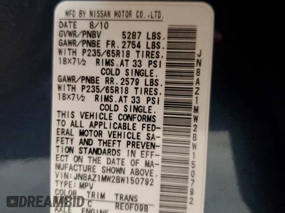 2011 Nissan Murano LE with VIN JN8AZ1MW2BW150792, listed as a Copart auction lot 61572635 with 115,775 mi miles and Salvage title. Bid and sale history available at DreamBid. Image 13.