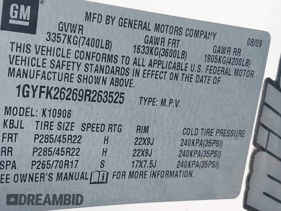 2009 Cadillac Escalade ESV with VIN 1GYFK26269R263525, listed as a IAAI auction lot 42274557 with 135,140 mi miles and . Bid and sale history available at DreamBid. Image 9.