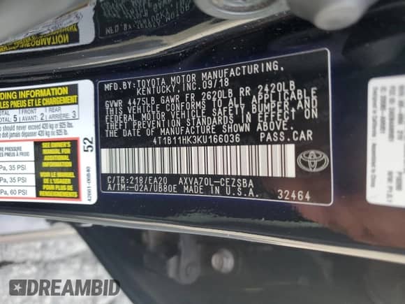 2019 Toyota Camry SE z VIN 4T1B11HK3KU166036, wystawiony jako Copart lot #83827125 z przebiegiem 131 811 mil mil oraz Szkoda całkowita • Salvage title. Historia ofert i sprzedaży dostępna na DreamBid. Obrazek 12.