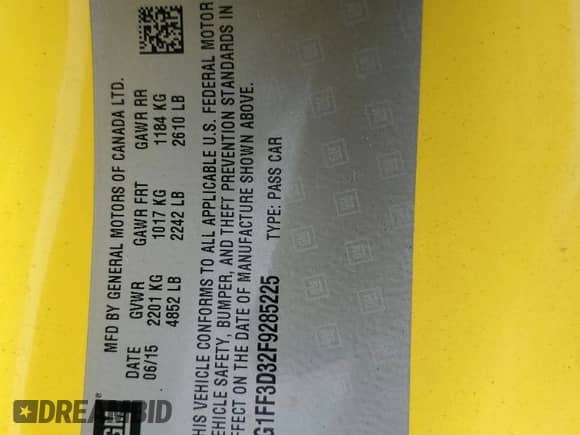 2015 Chevrolet Camaro LT с VIN 2G1FF3D32F9285225, выставлен на аукционе Copart как лот 57636285 с пробегом 176 990 миль миль и Списание • Salvage title. История ставок и продаж доступна на DreamBid. Изображение 12.