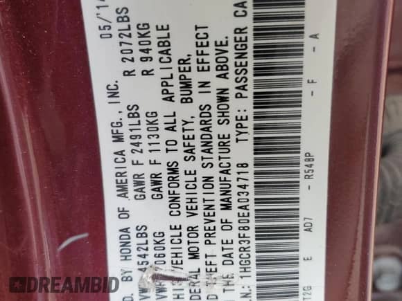 2014 Honda Accord EX-L with VIN 1HGCR3F80EA034718, listed as a Copart auction lot 69435015 with 79,622 mi miles and Clean title. Bid and sale history available at DreamBid. Image 12.