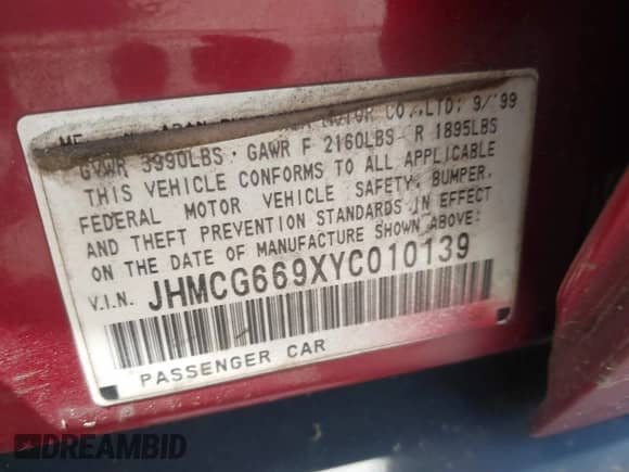 2000 Honda Accord SE with VIN JHMCG669XYC010139, listed as a IAAI auction lot 42149790 with 232,296 mi miles and . Bid and sale history available at DreamBid. Image 9.