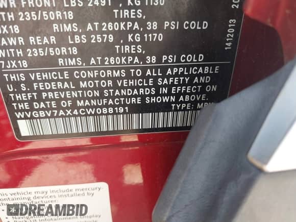 2012 Volkswagen Tiguan S с VIN WVGBV7AX4CW088191, выставлен на аукционе IAAI как лот 42950380 с пробегом 160 368 миль миль и . История ставок и продаж доступна на DreamBid. Изображение 9.