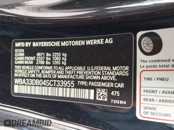 2025 BMW 4 Series 430i with VIN WBA33DB04SCT33955, listed as a IAAI auction lot 43379170 with 16,820 mi miles and . Bid and sale history available at DreamBid. Image 9.