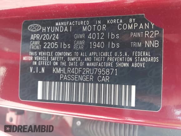 2024 Hyundai Elantra N Line z VIN KMHLR4DF2RU795871, wystawiony jako IAAI lot #42513157 z przebiegiem 35 799 mil mil oraz . Historia ofert i sprzedaży dostępna na DreamBid. Obrazek 9.